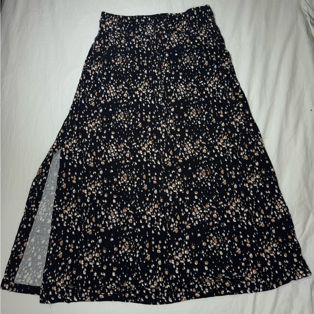 MICHEL STUDIO Maxi Skirt Women’s X Black with Brown/White/Beige Design Leg Slit